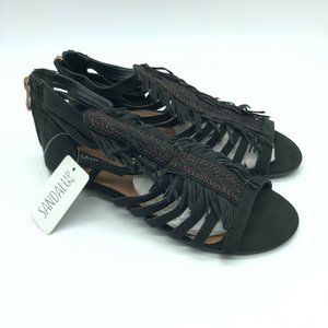 SandalUp Womens Sandals Fringe Strappy Open Toe Faux Suede Zipper Black 5.5